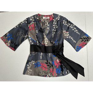 TIBI Gray Silk Printed V-neck Blouse Sash Tie Closure Floral Wrap Kimono XS‎